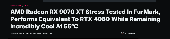 AMD-RX9070XT压力测试表现亮眼!性能媲美RTX4080